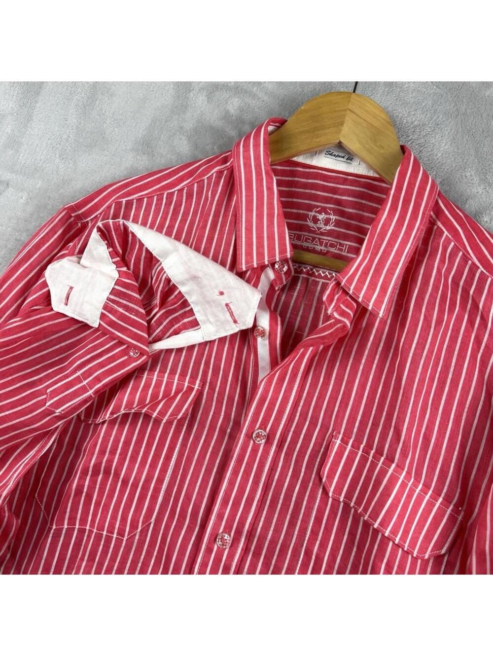 Bugatchi Uomo Men L Shirt Pink White Striped 100% Linen Button Up Luxury Roll-up